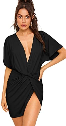 Floerns Women's Deep V Neck Twisted Plunging High Slit Mini Party Dress