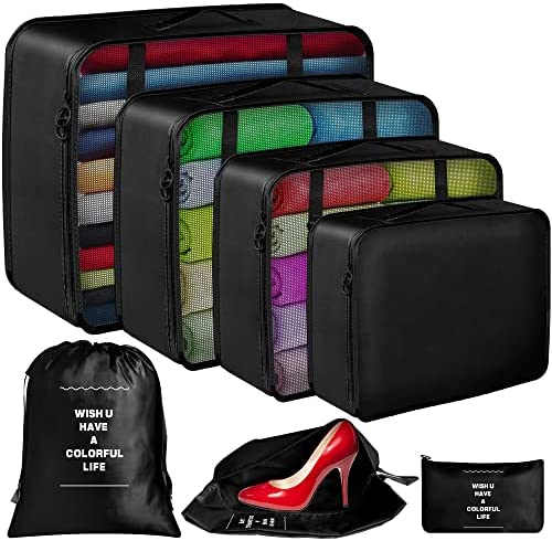 7 Set Packing Cubes for Suitcases,Packing Cubes for Travel Foldable Laundry Bag and Shoe Bag Lightweight Luggage for Women Man (Black)