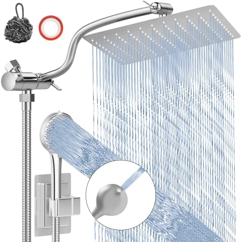 10" Rainfall Shower Head with Handheld Combo, Upgraded 12" L-Shaped Adjustable Extension Arm & 3-Way Diverter, Shower Head Jet Mode Headheld Shower with 5-Spray Mode, 79" Hose, 180° Dhesive Holder