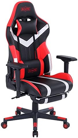 S*MAX Gaming Chair with Footrest XLarge Wide Gaming Chairs with 4D Armrest Creamy PU Leather Headrest Lumbar Support Racing Style Ergonomic High Back Gamer Chairs for Adults Red Black