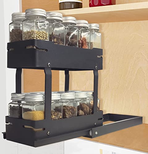Koutemie 2-Tier Pull Out Spice Rack Organizer for Cabinet, Slide Out Seasoning Storage Shelf with Non-Slip Mat for Kitchen Pantries Cupboards, Black