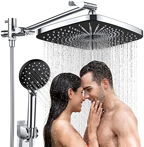 Veken 12 Inch Rain Shower Head with 5 Settings High Pressure Handheld Spray, Rainfall Shower Heads with Adjustable Extension Arm, Chrome Dual Shower Head and Handheld Shower Head Combo with 70” Hose.