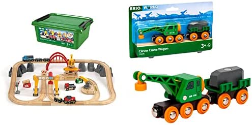 BRIO 33097 Cargo Railway Deluxe Set | 54 Piece Train Toy,Multi & World 33698 - Clever Crane Wagon Set - 4 Piece Wooden Toy Train Accessory and Crane Toy for Kids Ages 3 and Up