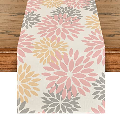 Artoid Mode Pink Dahlia Floral Boho Summer Table Runner, Spring Kitchen Dining Table Decoration for Home Party Decor 13x72 Inch