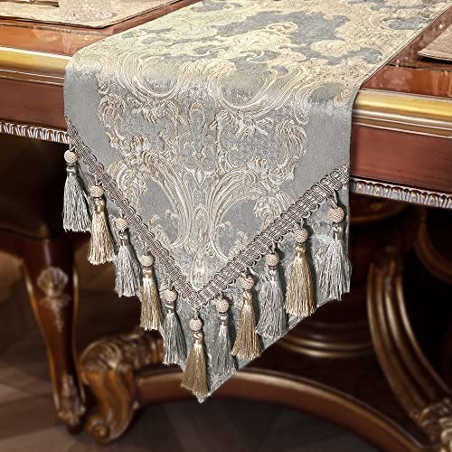Loom and Mill Luxury Table Runner 90 Inches Long, Elegant Jacquard Dining Table Runners with Handmade Multi-Tassels for Dining Room Dresser Party Holiday Banquet Decoration(Gray, 13 * 90 inch)