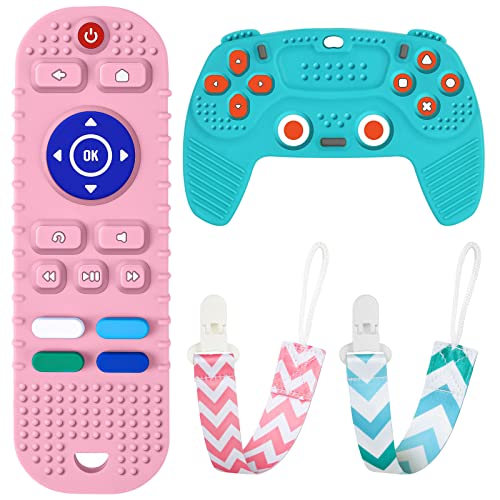 2PCS Baby Teether Toys Silicone, Remote Control Shape Teething Toys and Game Controller Teether Toy with 2PCS Pacifier Clip, Silicone Baby Teething Toys for 0-12 Months, BPA Free (Bule+Pink)