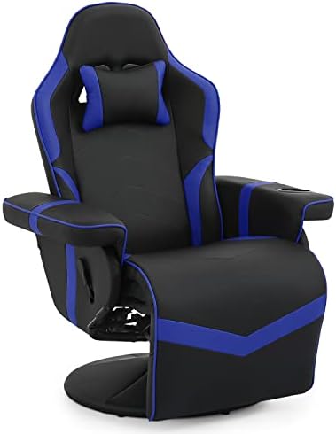 MoNiBloom Reclining Gaming Chair Ergonomic Game Recliner Chair Adjusted PU Leather Reclining Video Gaming Single Sofa with Retractable Footrest, Swivel Theater Seating Gaming Couch w/Cup Holder, Blue