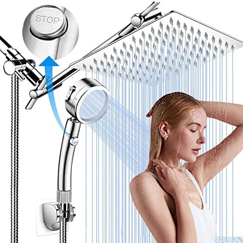 12 Inch Shower Head with Extension Arm 9 Setting Handheld Shower Heads Rain Shower Head with Handheld Spray