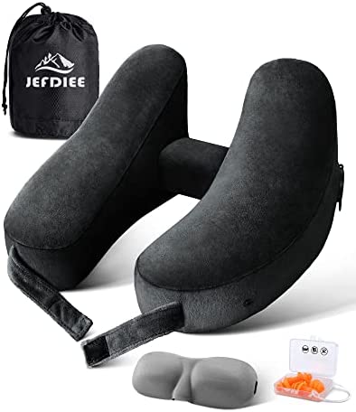 JefDiee Neck Pillows for Travel, Travel Pillow for Neck, Chin, Head Support, Airplane Pillow with Soft Washable Velour Cover, Hat, Portable Luxury Bag, 3D Sleep Mask and Earplugs (Black)