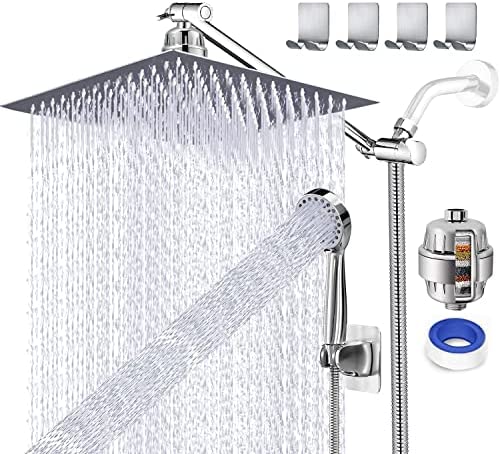 UPGRADED 12" Rain Shower Head with Handheld Spray Combo High Pressure Rainfall Shower head with 12" Extension Arm Free Shower Filter for Hard Water & Chlorine + Hose & 4 Hooks, Square Dual Shower Head