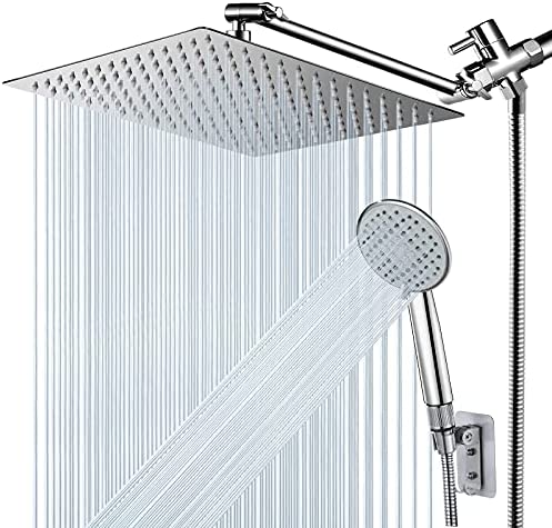 Shower Head, NERDON 12'' High Pressure Rainfall Shower Head Handheld Combo 5 Settings with 15'' Brass Height/Angle Adjustable Extension Arm 60" Hose, Stainless Steel Bath Rain Showerhead with 4 Hooks