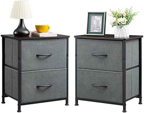 Somdot Nightstands Set of 2 with 2 Drawers, Bedside Table Small Dresser with Removable Fabric Bins for Bedroom Nursery Closet Living Room - Sturdy Steel Frame, Wood Top - Charcoal Grey/Dark Walnut